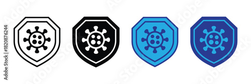 Shield icon with virus symbol inside, representing protection, antivirus, immunity, and security against contagion, health defense, outbreak prevention