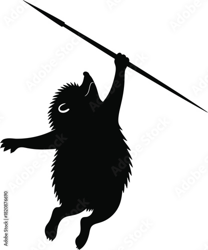 Silhouette of furry creature swinging spear