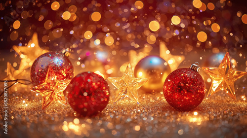 Happy New Year 2026. Beautiful Christmas background, banner of glass stars and Christmas balls.