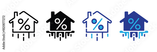 Four house icons with percentage symbols inside, representing concepts like mortgage rates, real estate investment, and property value fluctuations