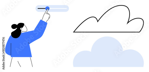 Person interacting with a vertical slider, adjusting settings near minimal black and blue cloud graphics. Ideal for technology, cloud computing, user interface, customization, control, simplicity