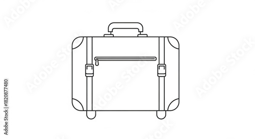 Minimalist line art illustration of a classic rolling suitcase with a sturdy handle, front pocket, and straps, symbolizing travel and adventure.