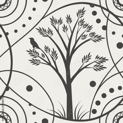 Silhouette of a Tree with a Bird in Minimalist Design.