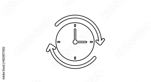 Line art icon of a clock with revolving arrows symbolizing time management, refresh, continuous cycle, workflow, and efficiency