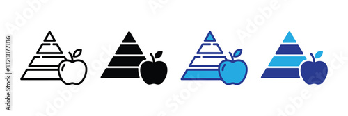 Four different styles of food pyramid icons with apples, representing healthy eating and dietary choices, graphic elements.