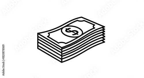 Stack of dollar banknotes icon, simple line art graphic representing finance, wealth, currency, payment, investment, and economic concepts.