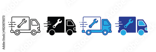 Mobile service truck icon with wrench symbolizing repair and maintenance, on white background, vector illustration for transport and workshop themes