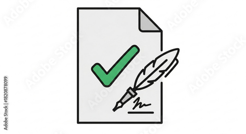 Official document with green checkmark and quill pen signing, representing contract approval, form completion, and verified agreements