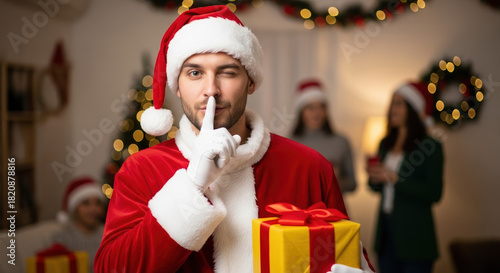 Secret Santa holds gift, with finger on lips, suggesting secret Santa surprise. Enjoy secret Santa party, which also has other people wearing hats. Share secret Santa during Christmas holidays.