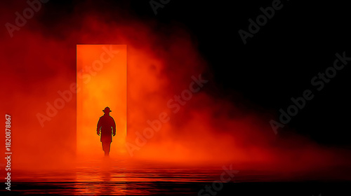 Silhouette of male firefighter in smoking doorway, traditional helmet, heroic stance, arms relaxed, no facial detail