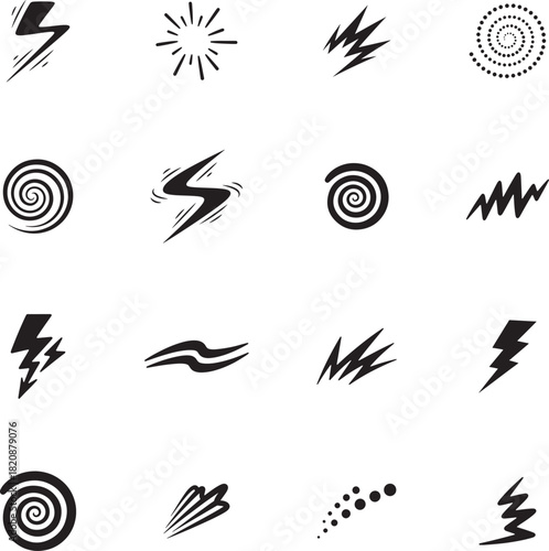 Swoosh Motion Silhouette doodles collection. Includes Silhouette symbols swoosh, motion, energy, spiral, spark and more. Isolated doodles. Motion doodles set. Minimalist doodles pack.