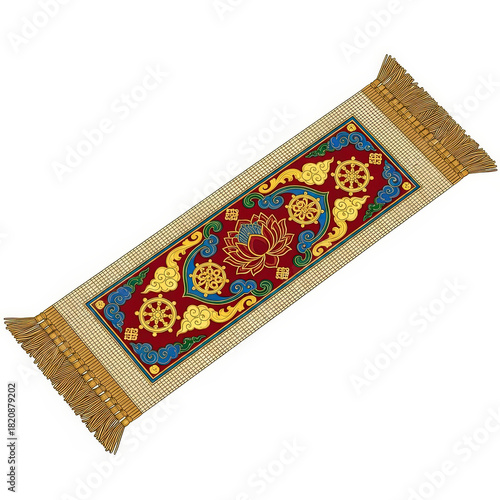 Colorful traditional Tibetan rug with intricate patterns and tassels  