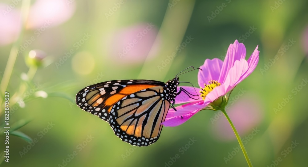 Fototapeta premium Vibrant Monarch Butterfly Nectaring on a Pink Cosmos Flower in Lush Summer Garden