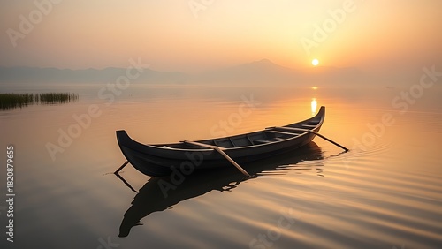 outriggers. Traditional wooden canoe with bamboo outriggers floating on calm lake at sunrise, soft morning light. tourism brochures, itinerary planners, designed for travel destination branding.