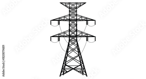 High voltage power transmission tower illustration in black and white silhouette