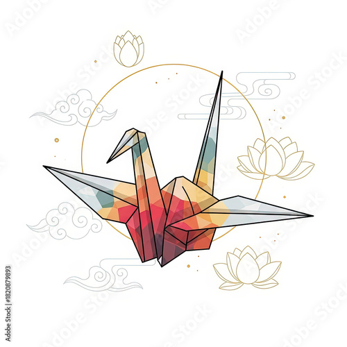 Geometric origami crane with lotus flowers and circular background  