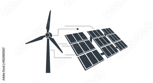 Wind turbine and solar panels for renewable energy silhouette