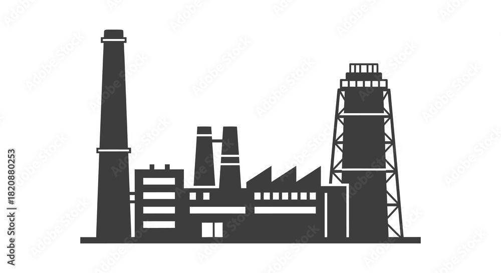 Obraz premium Industrial factory building with chimneys and tower silhouette