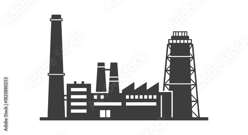 Industrial factory building with chimneys and tower silhouette