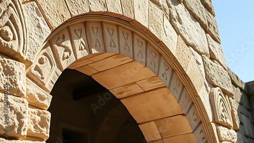 jamb. Ancient stone archway jamb with carved textures in sunlight. real-estate listings, architecture portfolios, designed for real-estate listing and luxury residence showcases.