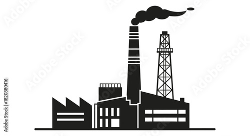 Industrial factory with smoke stack emission in black and white silhouette
