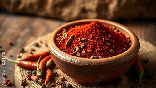 berbere. A rustic terracotta bowl filled with vibrant red berbere spice blend and dried chili peppers. menu design, packaging mockups, designed for food delivery and cloud-kitchen brand materials.