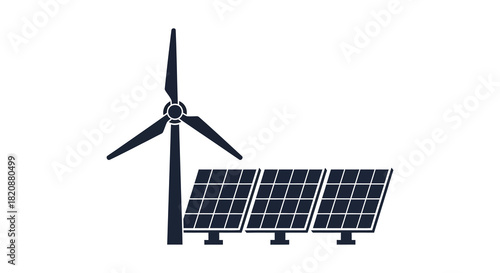 Wind turbine and solar panels for renewable energy generation silhouette
