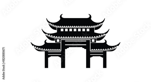 Traditional chinese gate silhouette with pagoda style roof and arches silhouette