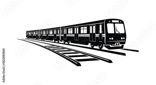Subway train on tracks black and white illustration silhouette