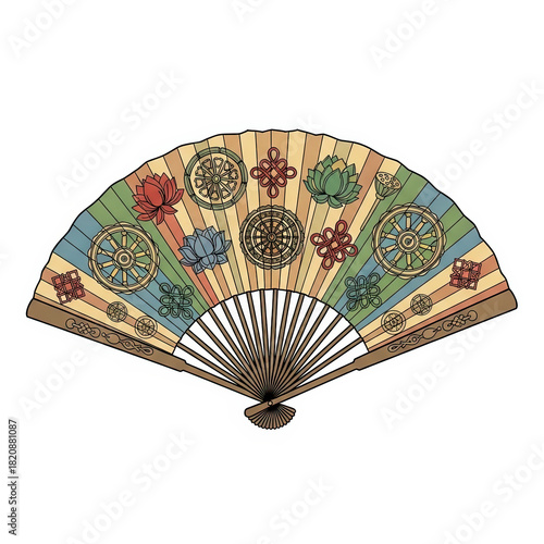 Traditional decorative folding fan with colorful motifs and patterns  