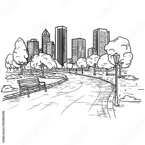 Silhouette of a megalopolis city on horizon and road, trees and grass. Vector illustration. A city park with lanterns and benches, lawn and flowerbed, a simple drawing isolated on a white background.