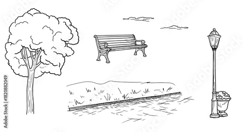 A tree and a park lantern, flowerbed with flowers in grass, a sketch. Drawing is hand-drawn, a simple drawing, the set is isolated on white background. Alley of city park,square. Vector illustration.