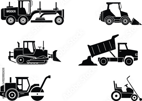 Construction machinery silhouettes featuring grader, bulldozer, dump truck, roller, loader, lawn tractor, heavy equipment icons for industrial engineering projects, tools
