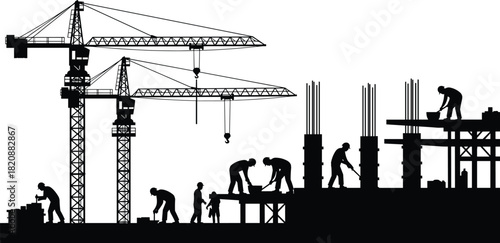 Construction site silhouette with tower cranes, workers, heavy equipment, teamwork, building structure, industrial development, engineering labor, urban infrastructure progress