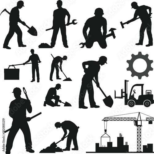 Construction worker silhouettes with tools, heavy machinery, crane, forklift, industrial labor icons, building site illustration for engineering, infrastructure projects