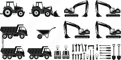Construction vehicles, heavy machinery, tools and equipment icons set illustrating tractors, excavators, dump trucks and industrial tools for building, engineering and construction projects
