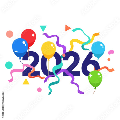 Happy New Year 2026 - Festive Balloons, Confetti, and Streamers Celebration Design
