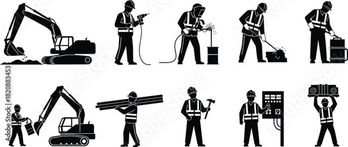 Construction workers performing various industrial tasks with heavy machinery, tools, welding, drilling, and lifting equipment, professional job site workforce illustration