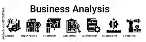 Business Analysis banner web icon vector illustration concept for business with icon of Analysis, Report Analysis, Presentation, Assessment, Documentation, Measurement.