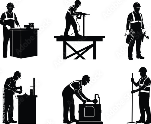 Construction workers performing various industrial tasks, safety gear icons, labor silhouettes, workshop tools, engineering activities, professional craftsmanship, heavy equipment operations,