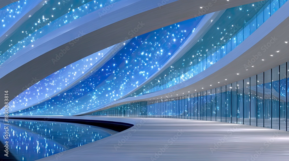 Fototapeta premium An empty, futuristic architectural interior with a curved ceiling illuminated by blue lights and sparkling points, reflecting in a water feature. The space feat