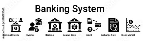 Banking System banner web icon vector illustration concept for business with icon of Banking System, Investor, Banking, Central Bank, Credit, Exchange Rate, Stock.