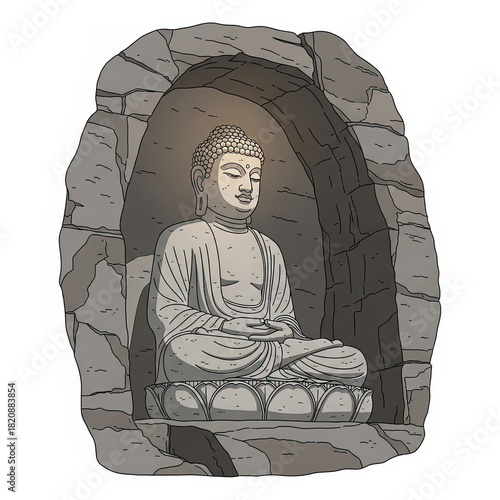 Buddha statue sitting in stone cave illuminated with soft light  
