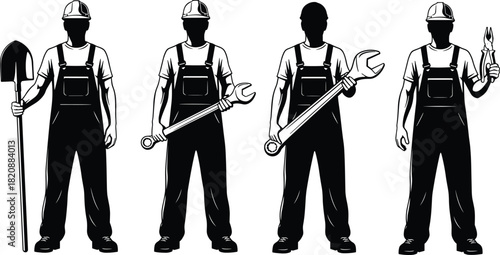 Construction workers holding various tools in silhouette, industrial labor team illustration, repair crew concept, professional workforce icons for industry design