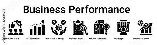 Business Performance banner web icon vector illustration concept for business with icon of Performance, Achievement, Decision Making, Assessment, Report Analysis, Manager, Business.