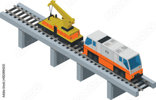 “3D isometric railway maintenance train illustration with repair vehicles crane system on elevated bridge track, industrial transportation engineering vector design scene”