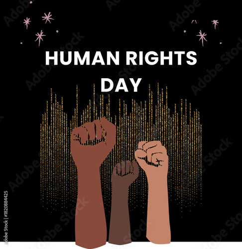 vector design for Human Rights Day, featuring a raised fist, a protest sign, and a megaphone with floral accents.