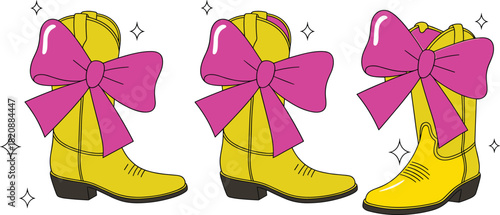 “Cute yellow cowboy boots with pink bows illustration, stylish western fashion design, decorative girly country boot artwork for trendy vector collection”