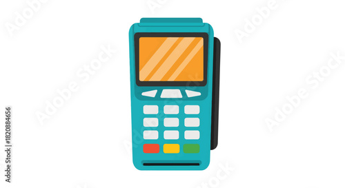 Teal POS terminal illustration for cashless payments. Features a bright screen and keypad, symbolizing modern transactions, retail, and financial technology on a white background.