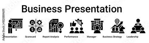 Business Presentation banner web icon vector illustration concept for business with icon of Presentation, Scorecard, Report Analysis, Performance, Manager, Business Strategy.